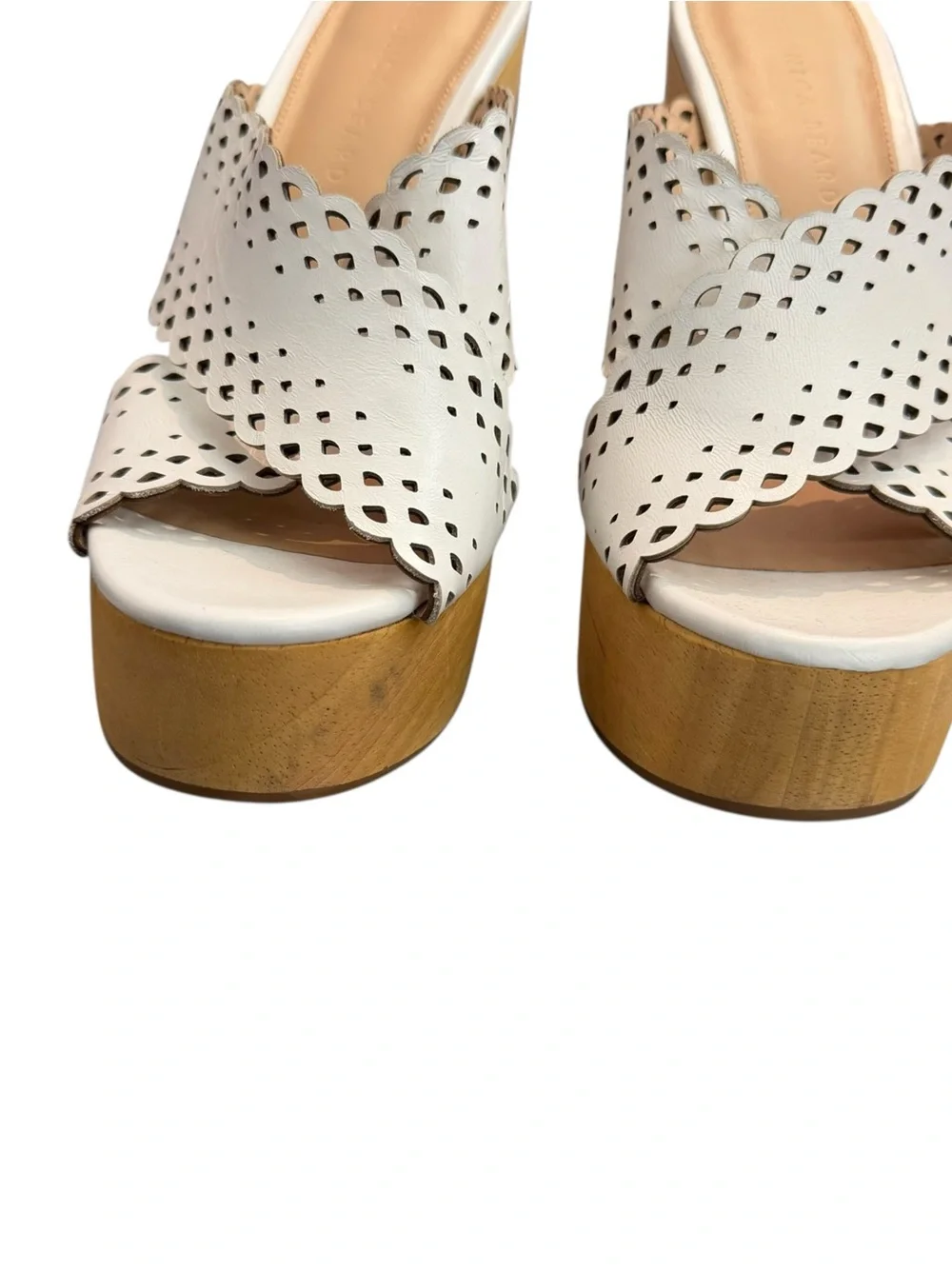 Veronica Beard Gaynor White Scalloped Leather Platform Mule with Wood Heel Clogs